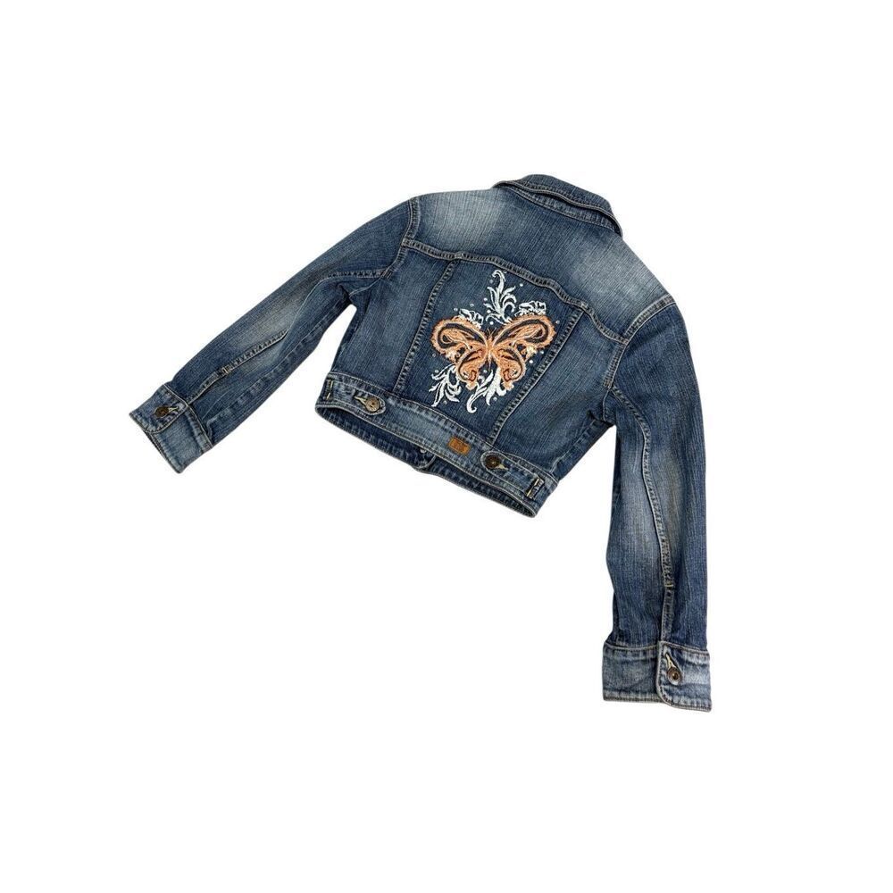 Guess Cropped Y2K Denim Jacket Women S Blue Embroidered Butterfly Stretch Jean - Picture 8 of 8